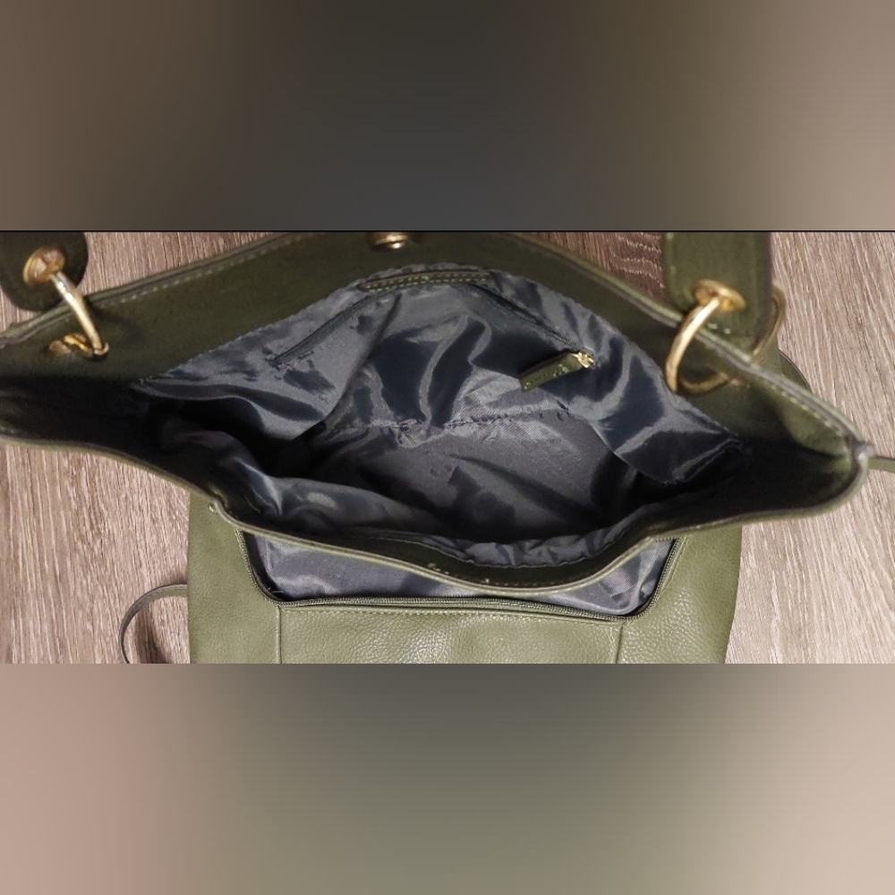 Max Studio Army Green Tote Satchel Gold Hardware and Studs Lots of Deep Pockets - Picture 6 of 12
